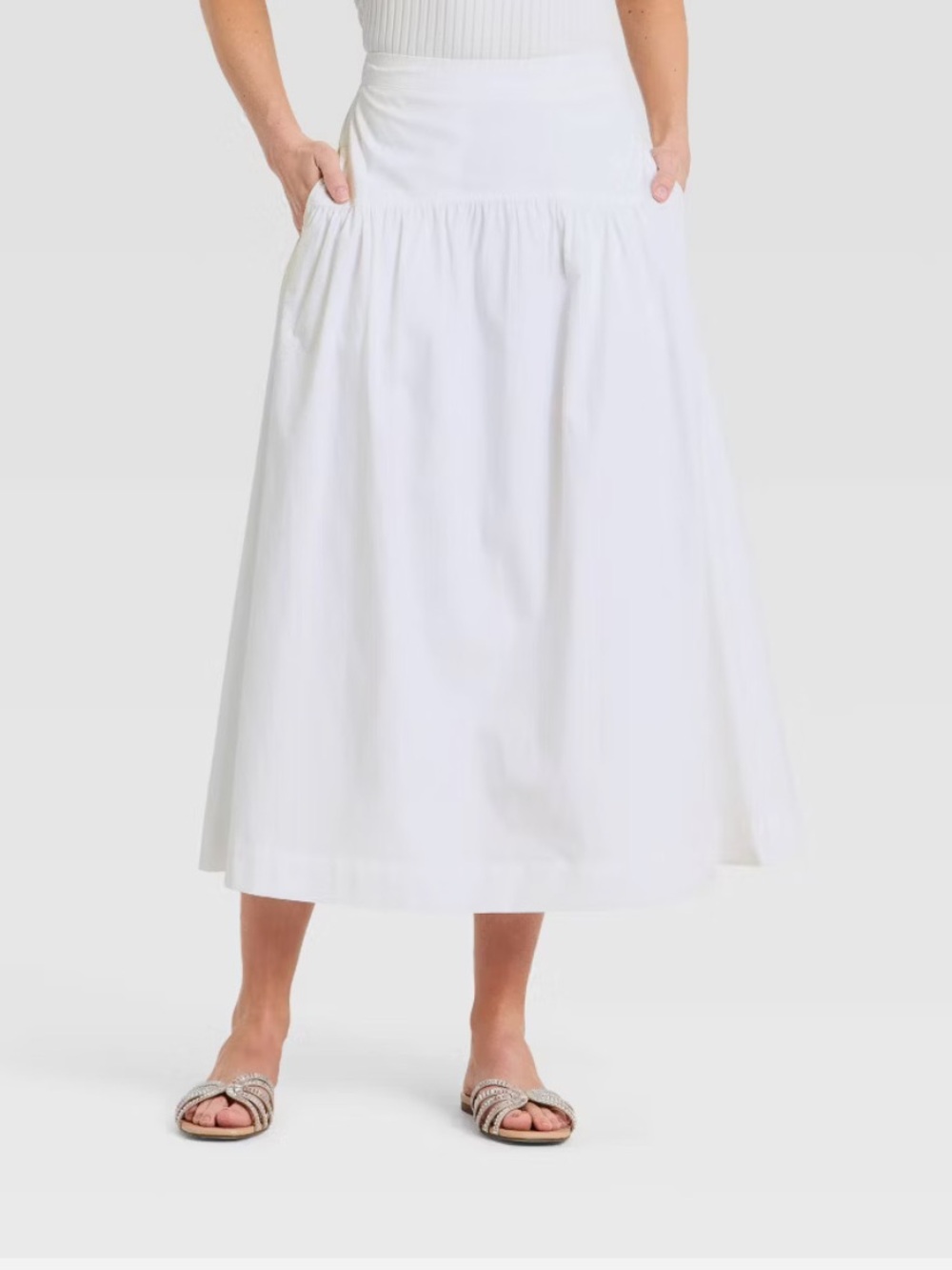 A New Day Women's Resort Luxe Linen Drop Waist Midi Skirt White Low Rise M NWT